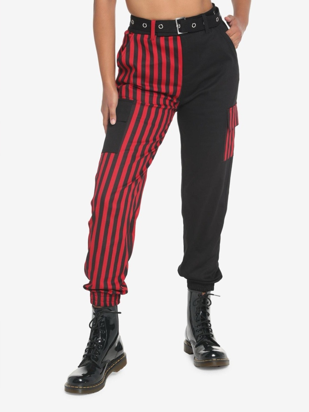 Hot Topic Black & Red Stripe Split Cargo Joggers With Belt Size Small